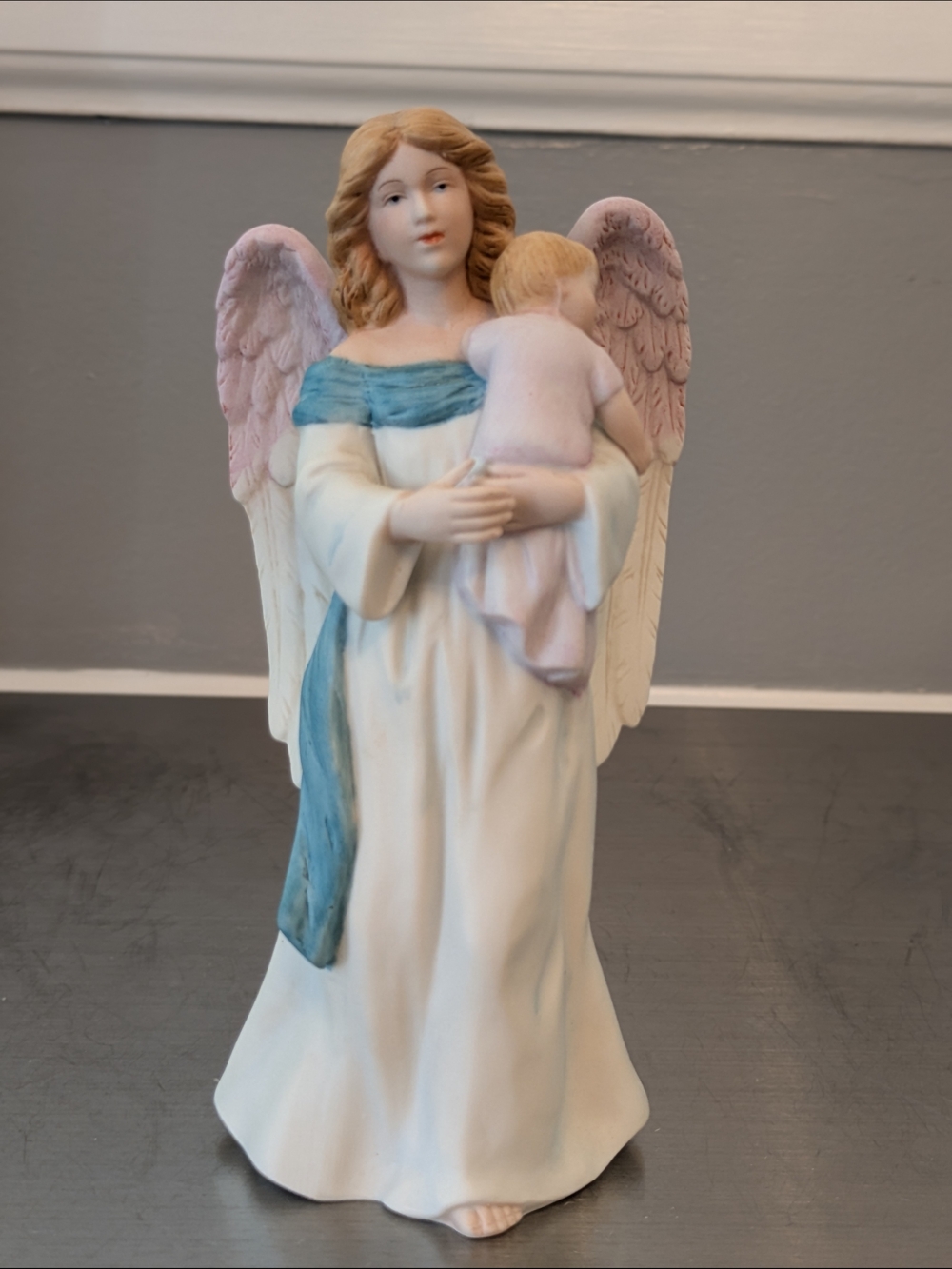 Homco White Angel Sculpture with Pink Wings and Blue Sash